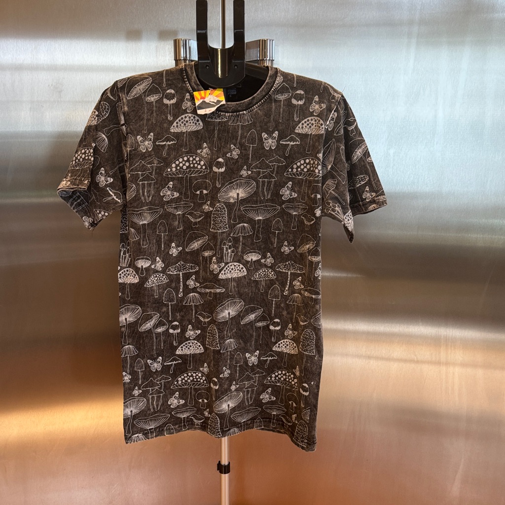 Rising International Gray Graphic Stonewashed Tee W/Mushroom & Butterfly Design